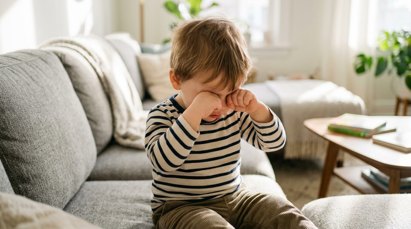 A young baby is rubbing his eyes on the sofa.