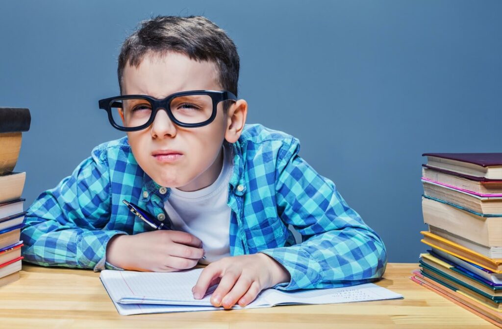 A child with myopia squints to see the board at the front of the classroom.