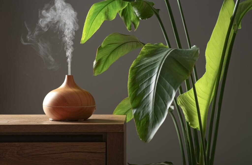 Humidifier emitting cool mist next to a houseplant to increase indoor humidity and help reduce dry eye symptoms.