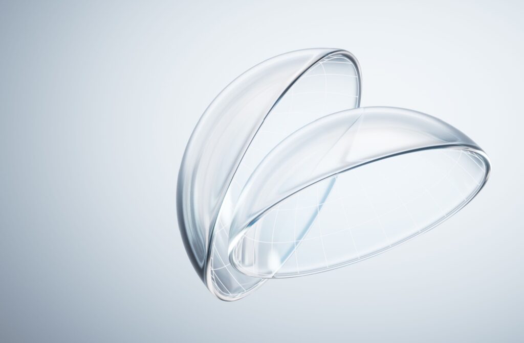 A digital rendering of two clear, thin contact lenses illustrating high-moisture lens technology.