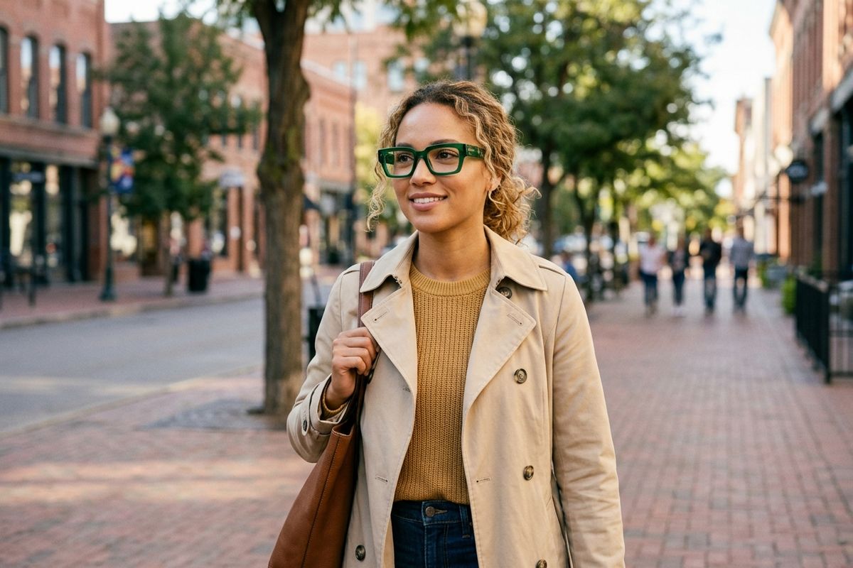 A smiling adult wearing thick green glasses and a beige trench coat walks down a brick city sidewalk carrying a brown shoulder bag.