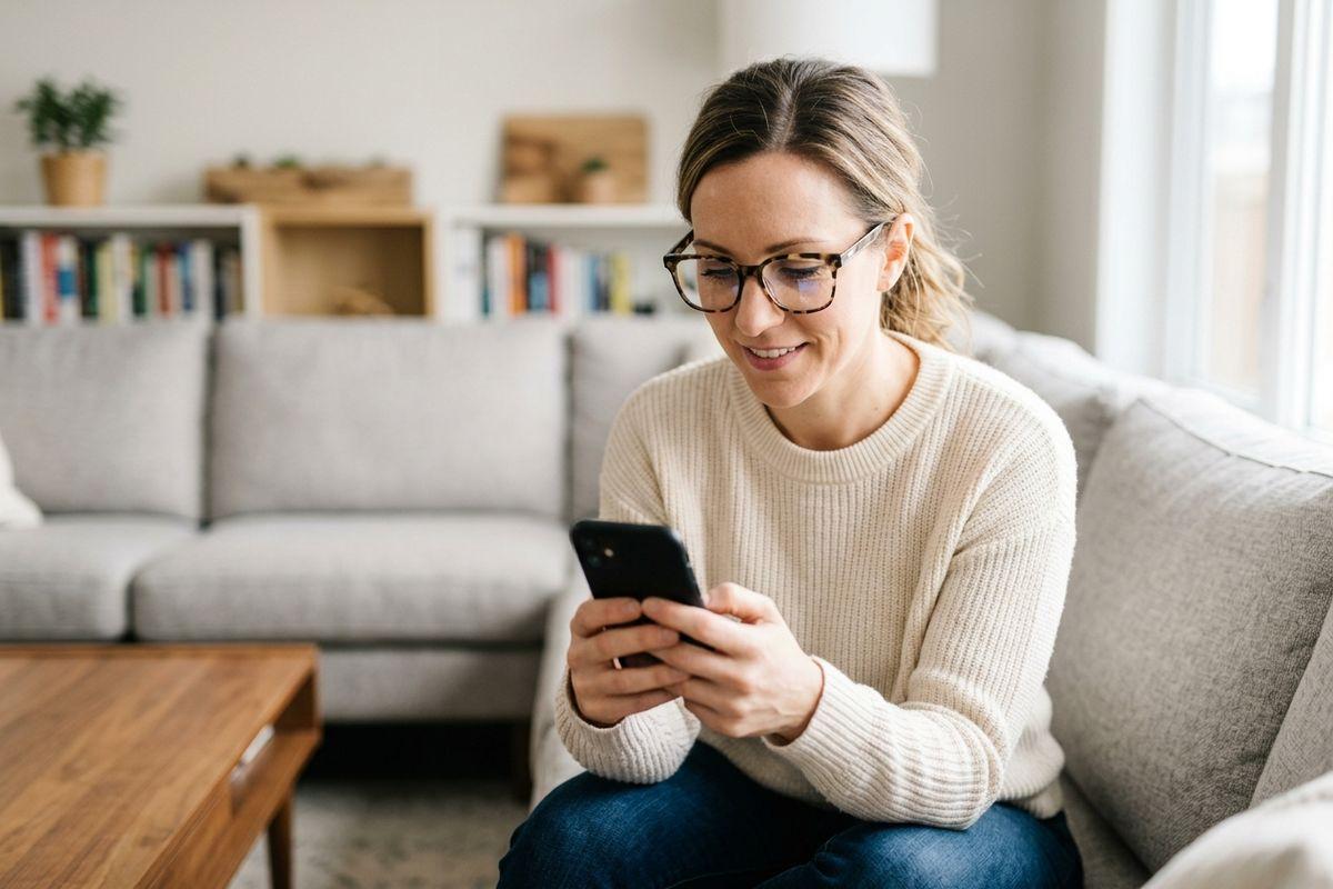 Adult wearing glasses sitting on a sofa, smiling while looking at a smartphone in a living room.