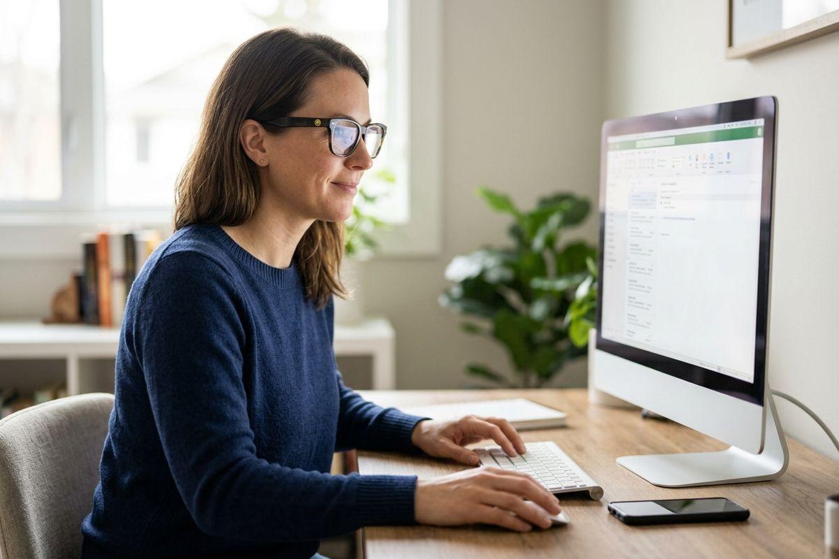 Adult wearing glasses typing at a desktop computer in a home office, smiling slightly while viewing a spreadsheet on screen.