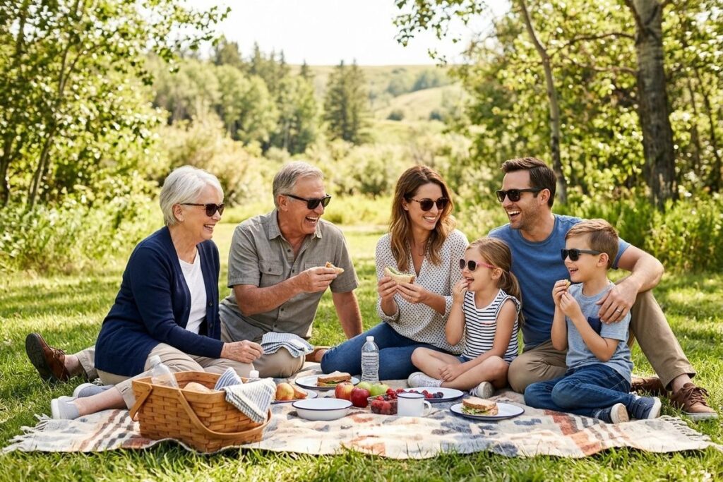 Six people across three generations sit on a blanket eating and laughing during an outdoor picnic, surrounded by trees and green grass.