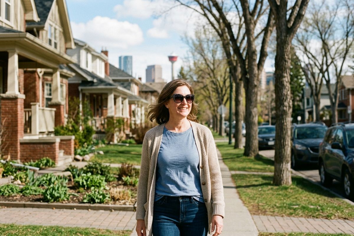 Smiling adult walking along a tree-lined residential sidewalk with brick houses and a city skyline visible in the background.