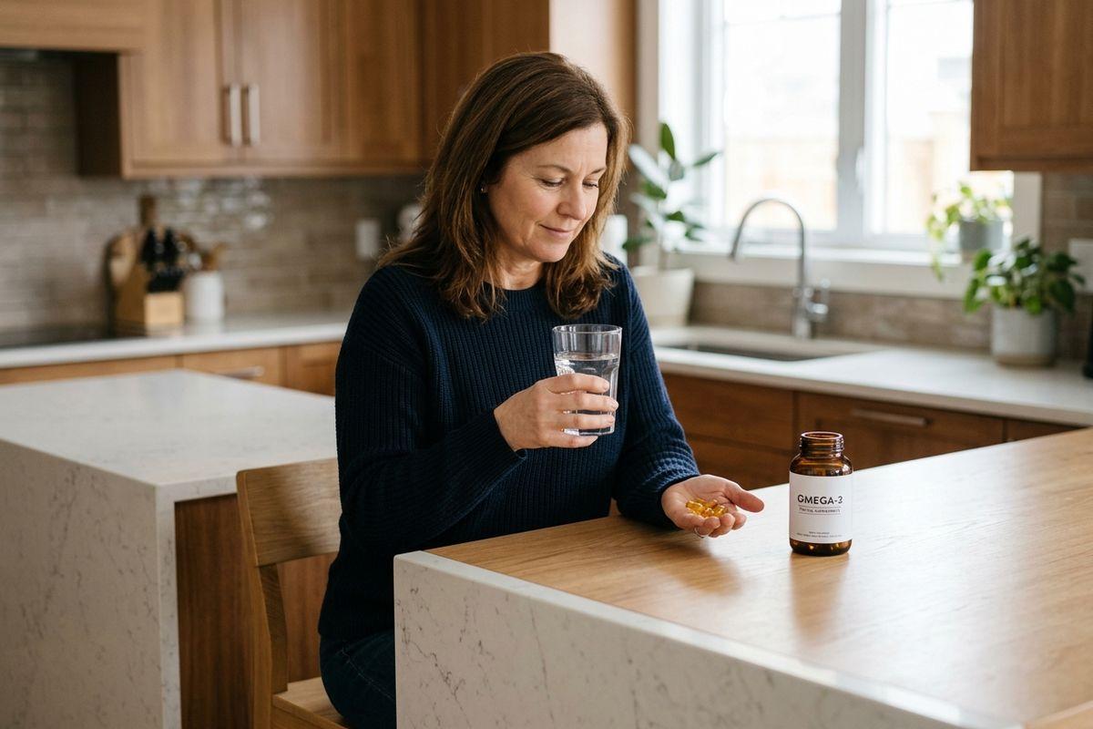 Adult holding a glass of water and Omega-3 capsules at a kitchen counter, looking down at the pills, with an Omega-3 supplement bottle nearby.