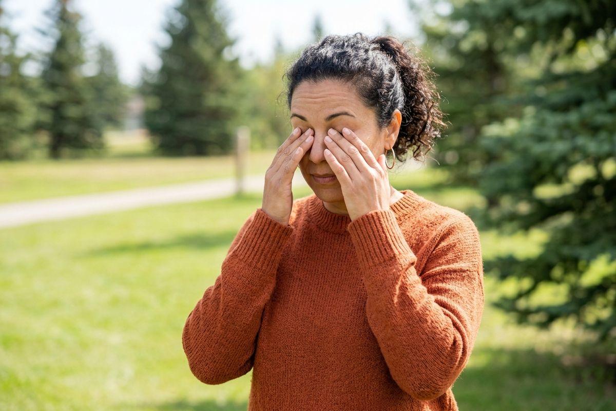 Adult in an orange sweater rubbing both eyes with hands outdoors, standing near green grass and evergreen trees.