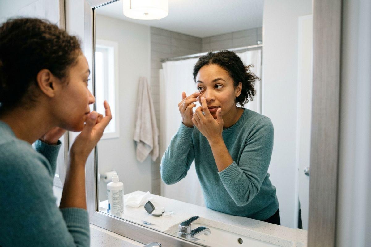 Adult inserting a contact lens while looking into a bathroom mirror, with contact lens supplies visible on the counter.