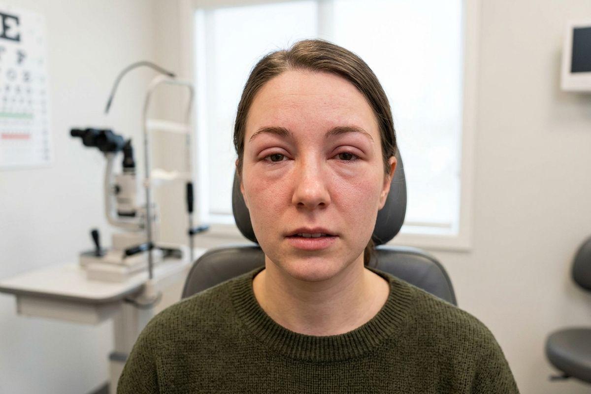 Adult seated in an eye exam chair facing the camera, with puffy, swollen eyelids, in a clinic room with a slit lamp and eye chart visible.