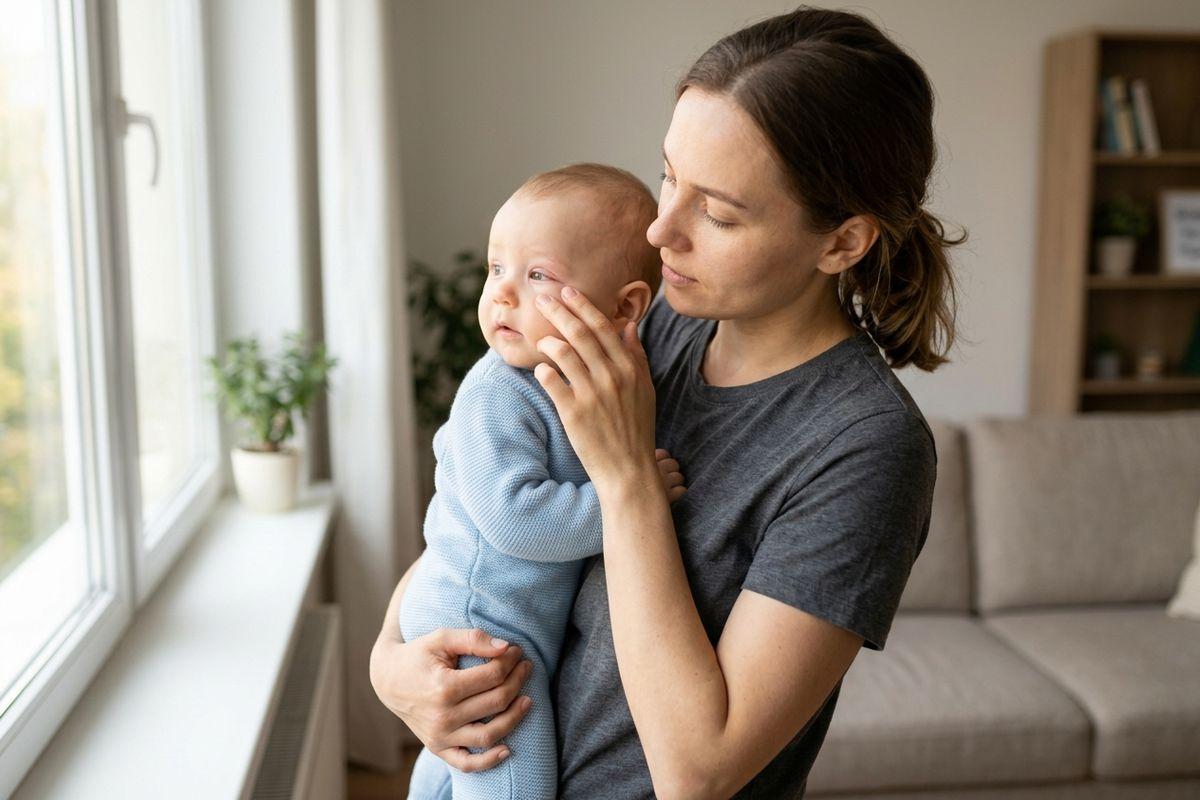 Adult holding a baby close, gently touching the infant's cheek near a bright window in a living room.