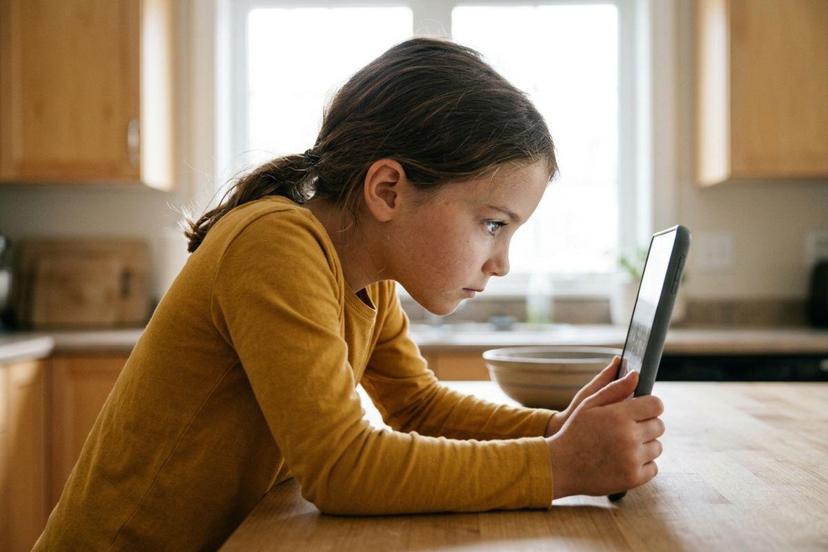 Child leaning over a kitchen counter, focused on a smartphone screen, with a bowl nearby.