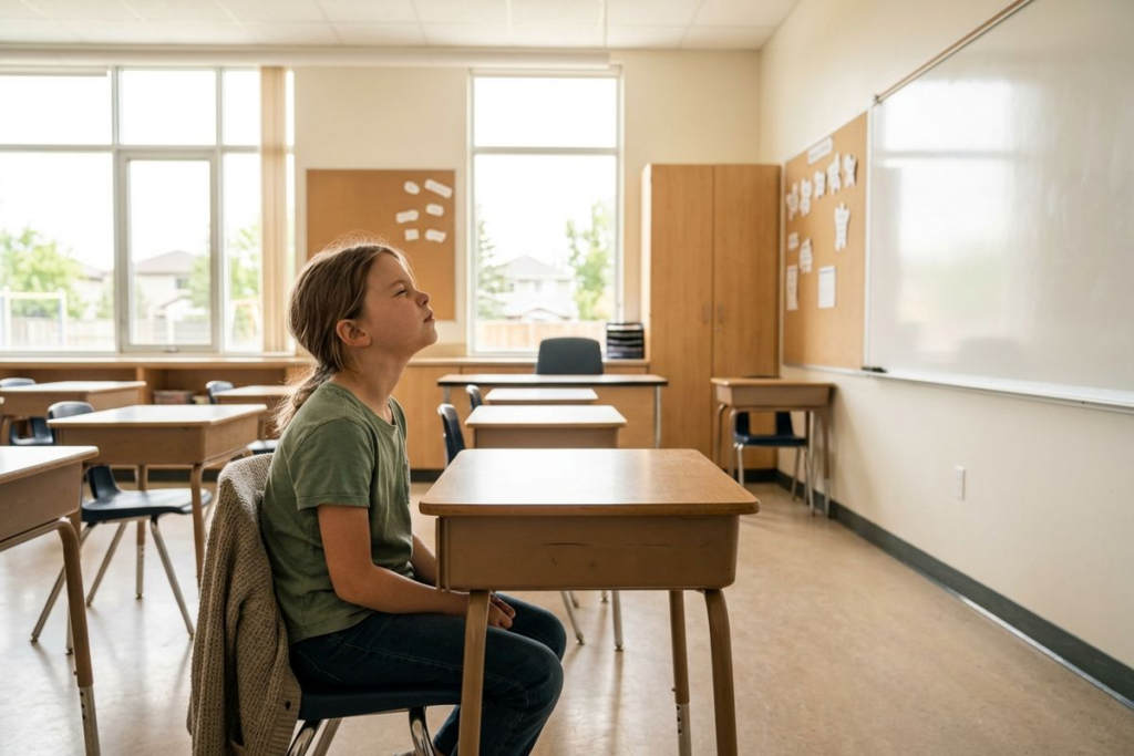 Child sitting alone at a desk in an empty classroom, looking up toward the whiteboard.
