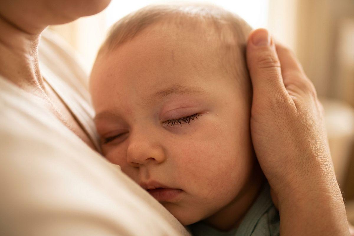 Sleeping baby resting against an adult's chest, with an adult hand gently cradling the baby's head indoors.