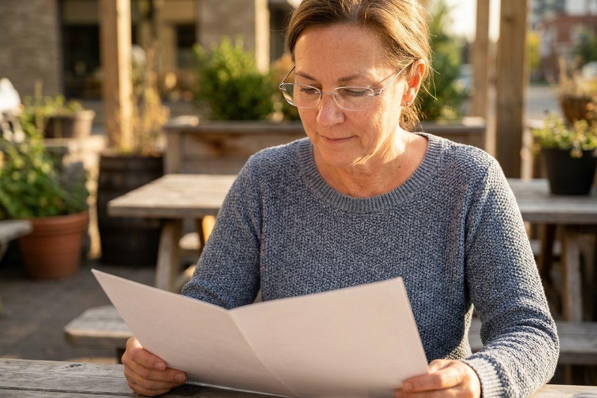 An adult wearing glasses reads a menu at an outdoor wooden table, surrounded by potted plants.