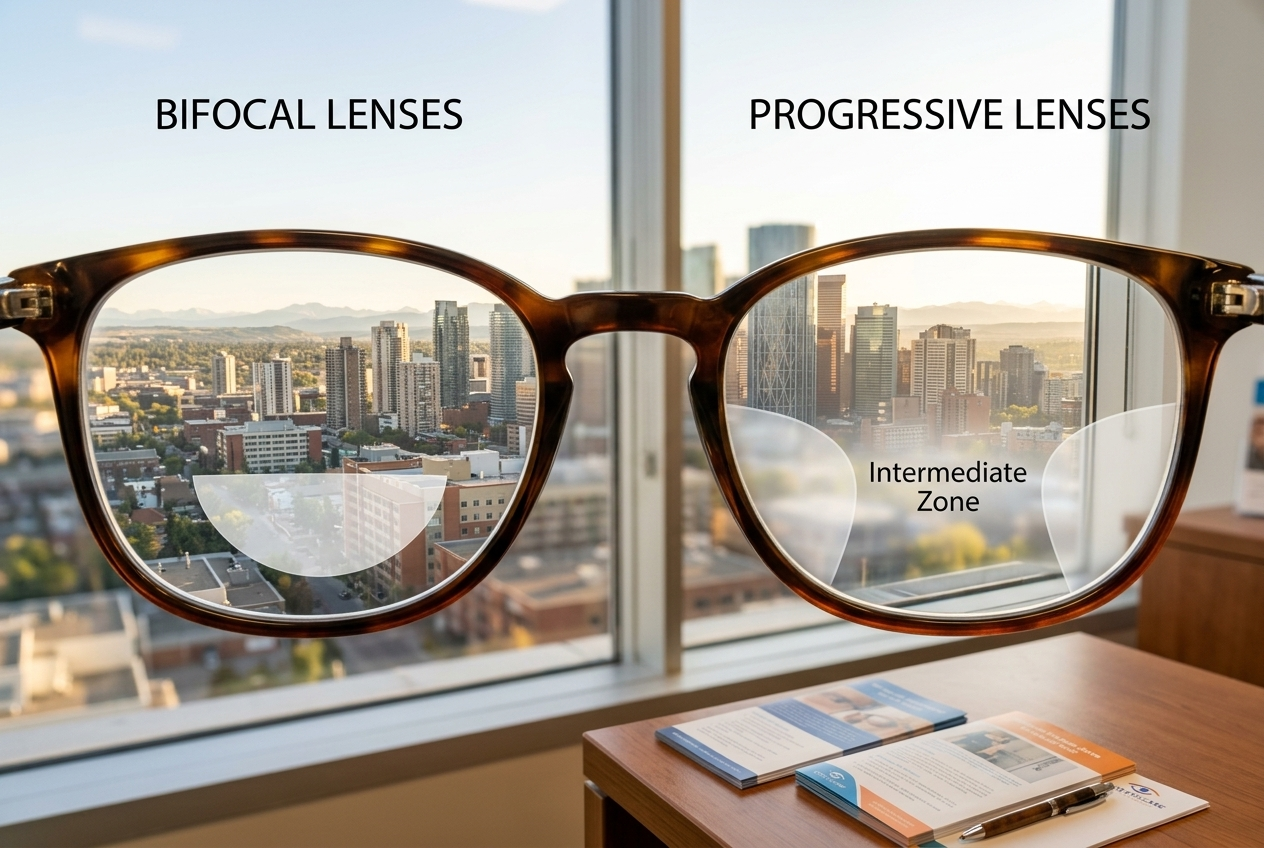 Eyeglasses held before a window with city skyline, labeled
