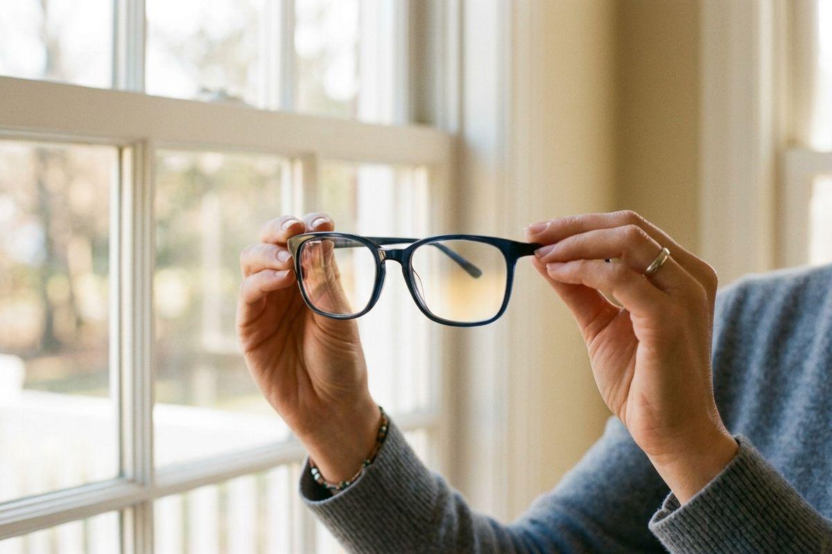Person's hands holding up dark-framed eyeglasses near a bright window indoors.