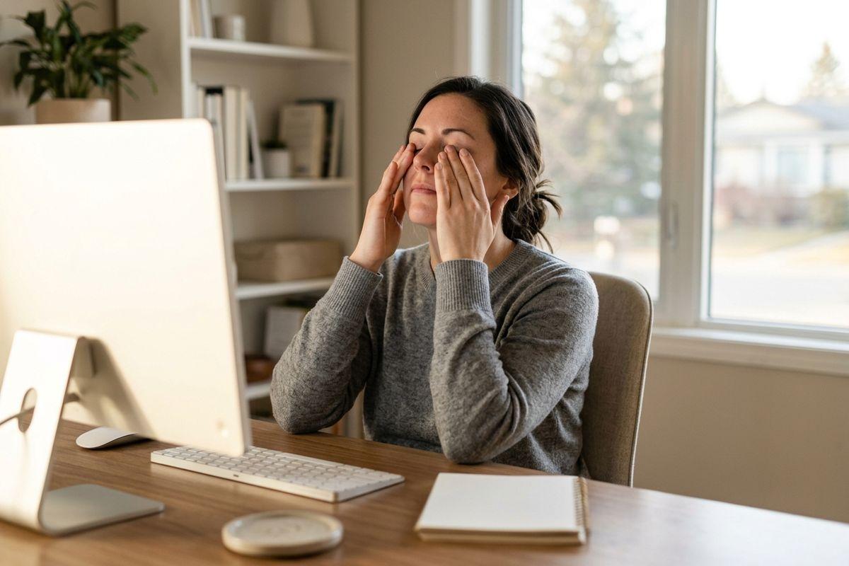 A person rubbing their eyes with both hands while seated at a desk in front of a computer monitor.