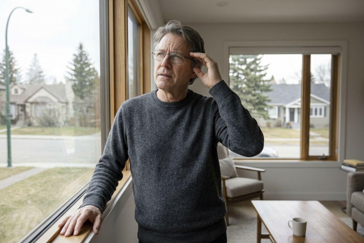 An adult with glasses stands by a living room window, touching their head with a concerned expression, looking outside.