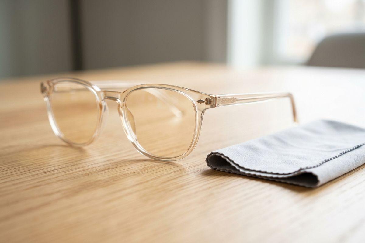 Clear-framed eyeglasses resting on a wooden table beside a folded grey cleaning cloth.