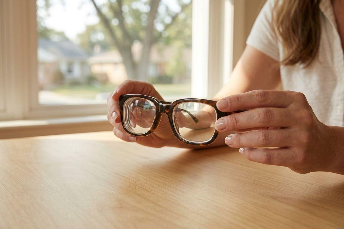 Close-up of a person's hands holding tortoiseshell eyeglasses at a wooden table near a window.